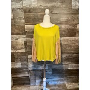Blu Pepper yellow waffle knit blouse with blouson orange floral sleeves - L